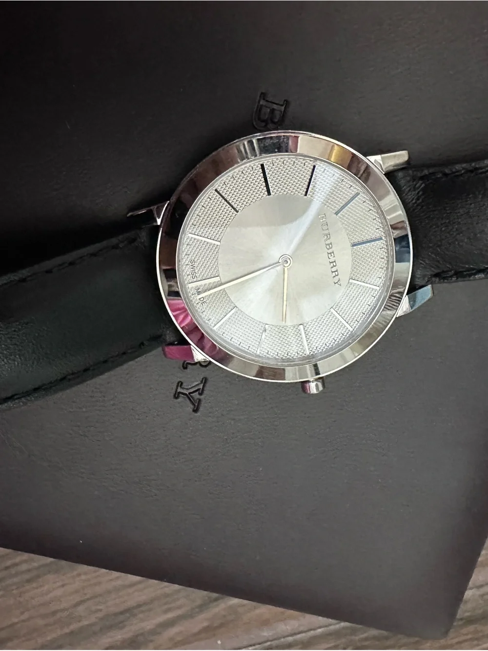 Burberry Unisex Silver Dial Black Leather Watch